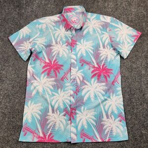 Retro Rifle High Crown Shirt Mens Large Blue Palm Tree Tropical Hawaiian Stretch